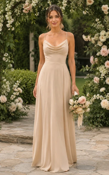 Champagne Satin A-Line Cowl Neck Bridesmaid Dress