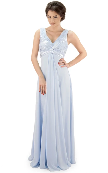 Maxi V-Neck Ruched Chiffon Bridesmaid Dress With Pleats And Illusion