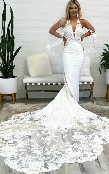 Lace Spaghetti Mermaid Sleeveless Sexy Wedding Dress with Court Train