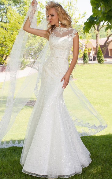 Sheath Appliqued High Neck Long Cap-Sleeve Lace Wedding Dress With Keyhole Back And Beading