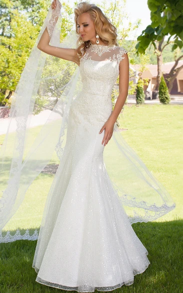 Sheath Appliqued High Neck Long Cap-Sleeve Lace Wedding Dress With Keyhole Back And Beading