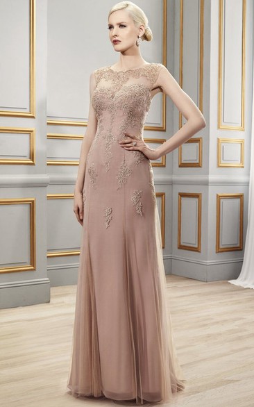 Sleeveless Appliqued Scoop Neck Tulle Formal Dress With Illusion Back