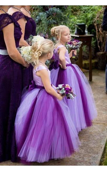 Lovely Tulle Princess Bowknot Flower Girl Purple Bridesmaid Dress Cap Sleeve