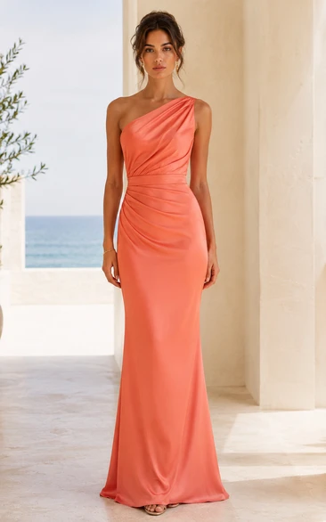 Sheath Evening Dress with One-Shoulder, Sleeveless and Ruching, Floor Length