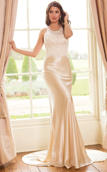 Sheath Scoop-Neck Sleeveless Satin Wedding Dress With Beading And Straps