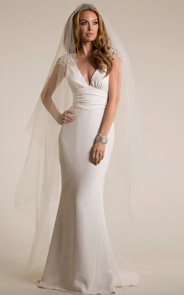 Sheath Cap-Sleeve V-Neck Floor-Length Epaulet Wedding Dress