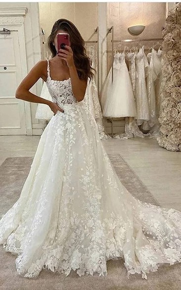 Lace Spaghetti A-line Ball Gown Applique Elegant Princess Wedding Dress with Court Train