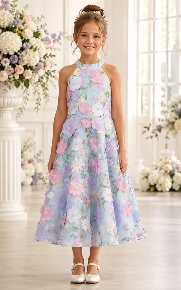 Lilac Tea-Length A-Line Satin Flower Girl Dress with Floral Details