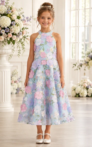 Lilac Tea-Length A-Line Satin Flower Girl Dress with Floral Details