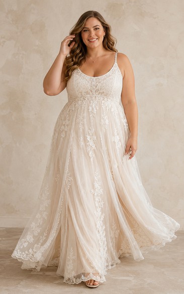 Robe de mariée grande taille à bretelles spaghetti en dentelle, coupe trapèze, avec longue traîne