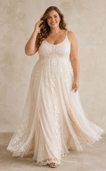 Plus Size Spaghetti-Träger-Brautkleid in A-Linie aus Spitze mit langer Schleppe