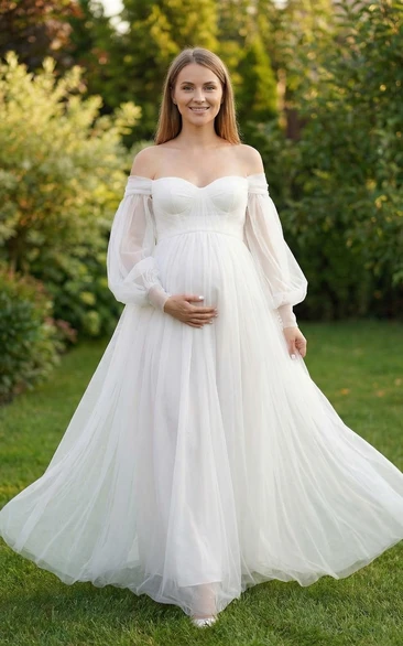 Off Shoulder Puff Sleeve Tulle Maternity Wedding Dress with Sweetheart Bodice