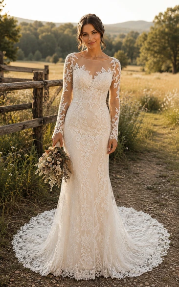 Long Sleeve Mermaid Lace Country Wedding Dress with Illusion Back and Chapel Train