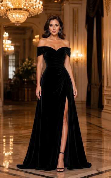 Black Off Shoulder Velvet Evening Gown in Luxury Ballroom with Thigh Slit
