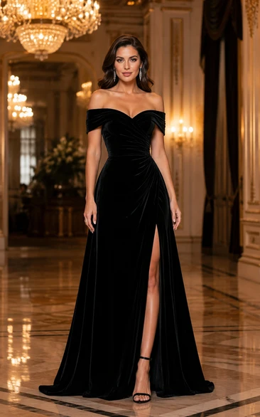 Robe de soirée noire en velours à épaules dénudées, style bal de luxe, avec fente à la cuisse.