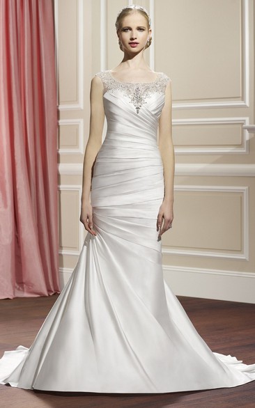 Sheath Floor-Length Sleeveless Bateau Beaded Satin Wedding Dress With Side Draping And Illusion Back
