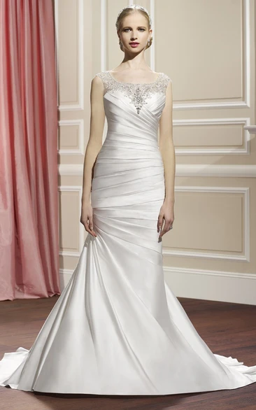 Sheath Floor-Length Sleeveless Bateau Beaded Satin Wedding Dress With Side Draping And Illusion Back