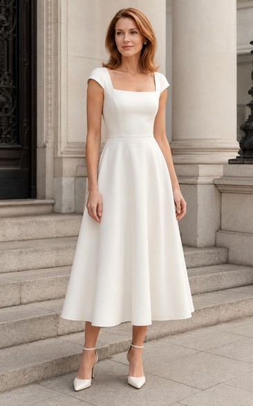 Vestido de novia de largo midi con escote cuadrado y mangas cortas