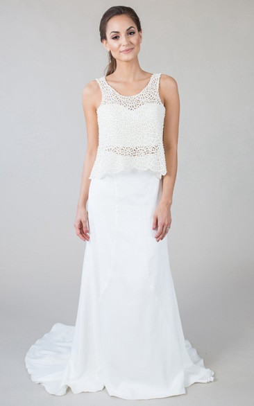 Sheath Sleeveless Floor-Length Scoop-Neck Lace Chiffon Wedding Dress