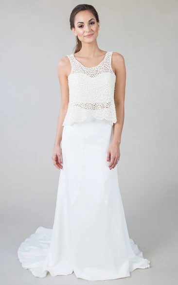 Sheath Sleeveless Floor-Length Scoop-Neck Lace Chiffon Wedding Dress