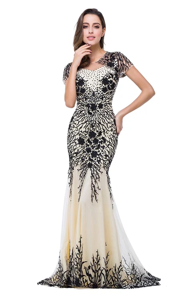 Sparkly Cap Sleeve Mother of the Bride Dress Appliques Mermaid Evening Gown