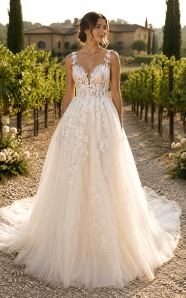 Romantic A-Line Lace Wedding Dress with Spaghetti Straps and Applique Train