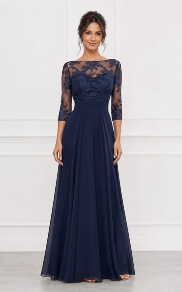 Illusion Lace 3-4 Sleeve Chiffon Formal Gown