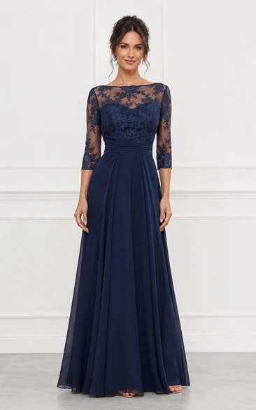 Illusion Lace 3-4 Sleeve Chiffon Formal Gown