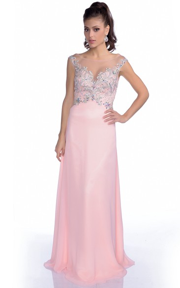 Cap Sleeve Chiffon A-Line Low-V Back Prom Dress With Bateau Neck