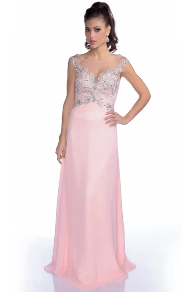 Cap Sleeve Chiffon A-Line Low-V Back Prom Dress With Bateau Neck