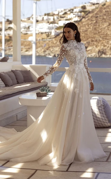 Lace Long Sleeve Illusion Turtleneck A-line Applique Wedding Dress