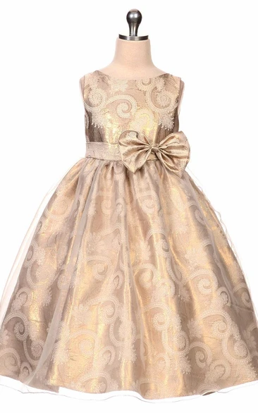 Tea-Length Bowed Tiered Sequins&Organza Flower Girl Dress With Sash