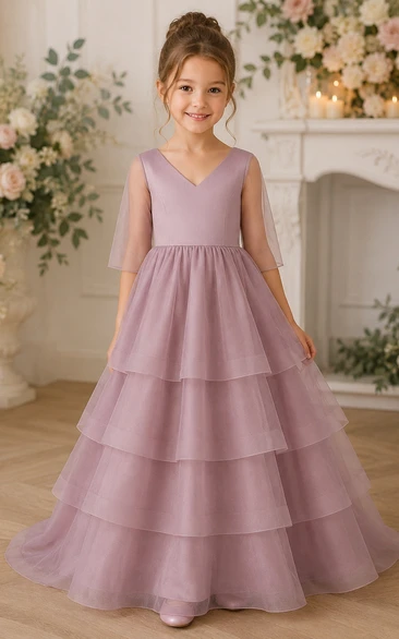 V-neck Illusion Half-sleeve Tiered A-line Flowergirl Dress with Sweep Train