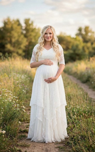 Maternity Wedding Dress with Short Lace Sleeves, V Neck Boho A-Line Bridal Gown