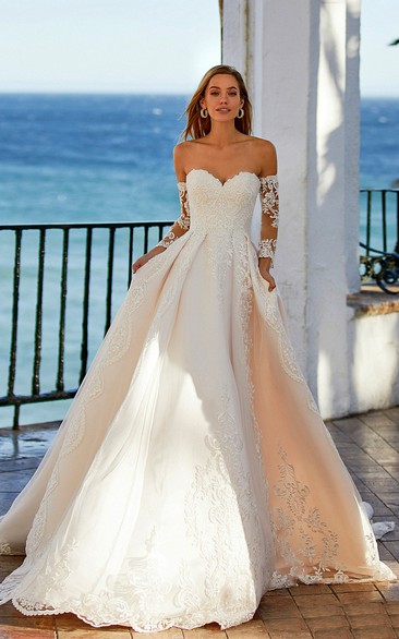 Off-the-shoulder Illusion Long Sleeve Ball Gown Lace Wedding Dress