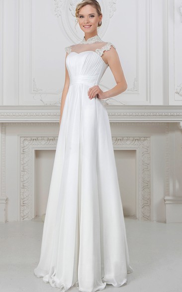 A-Line Floor-Length High-Neck Cap-Sleeve Satin Wedding Dress