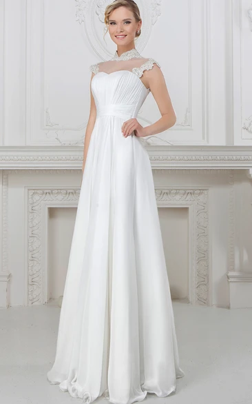 A-Line Floor-Length High-Neck Cap-Sleeve Satin Wedding Dress