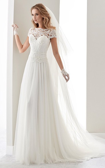 Scalloped-Neck Illusion Draping Modest Wedding Dress With Lace Bodice And T-Shirt Sleeves
