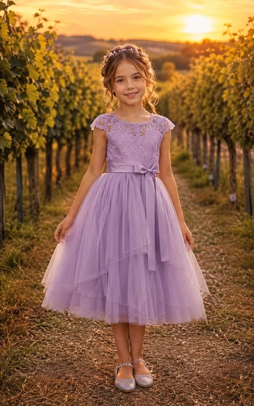 Tea-length Lavender Lace Tulle Flower Girl Dress with Bow Sash