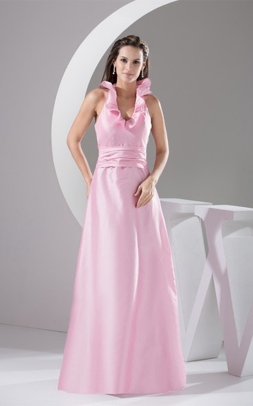 Plunged Satin A-Line Sleeveless Dress With Ruffled Halter