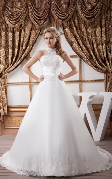 High-Neck A-Line Sleeveless Fitted Waist and Dress With Lace