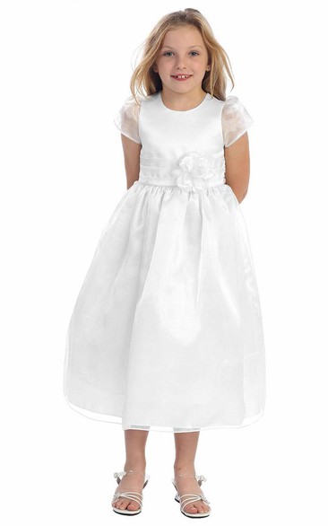 Ankle-Length Cap-Sleeve Tiered Organza&Satin Flower Girl Dress