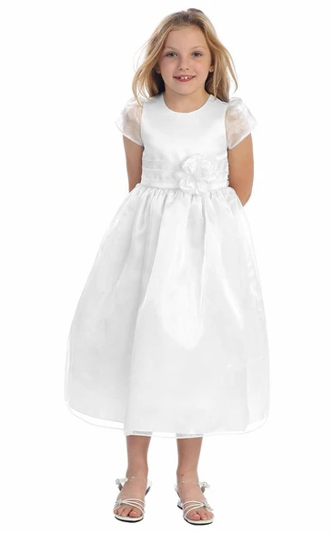 Ankle-Length Cap-Sleeve Tiered Organza&Satin Flower Girl Dress