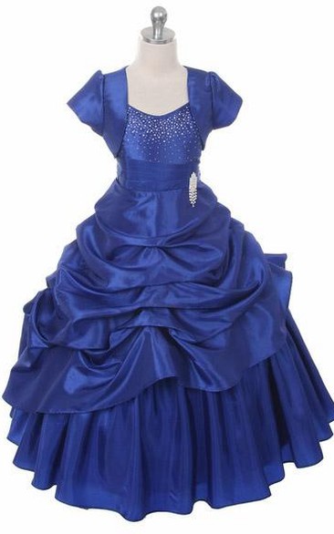 Ankle-Length Bolero Pleated Beaded Lace&Taffeta Flower Girl Dress