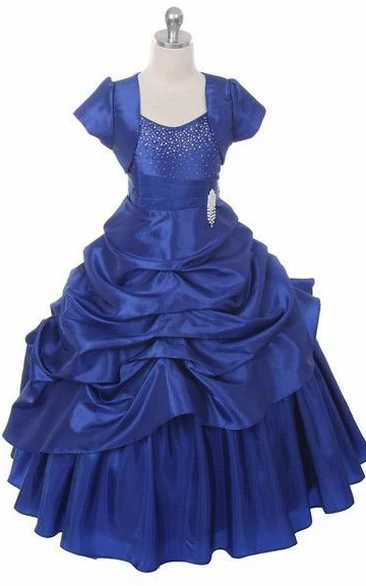 Ankle-Length Bolero Pleated Beaded Lace&Taffeta Flower Girl Dress