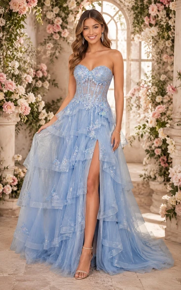 Tulle Prom Dress in Sky Blue, Strapless, Sweetheart A-Line Floor-Length Gown with Tiers and Appliques
