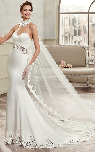 Sweetheart Sheath Satin Bridal Gown With Invert-V Beaded Belt And Unique Back Design