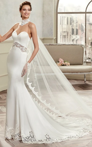 Sweetheart Sheath Satin Bridal Gown With Invert-V Beaded Belt And Unique Back Design