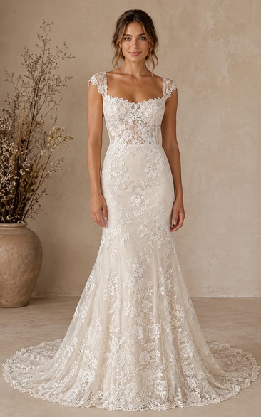 Mermaid Wedding Dress Sleeveless Square Neck Lace Applique Floor Length Chapel Train Ivory