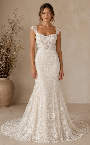 Mermaid Wedding Dress Sleeveless Square Neck Lace Applique Floor Length Chapel Train Ivory